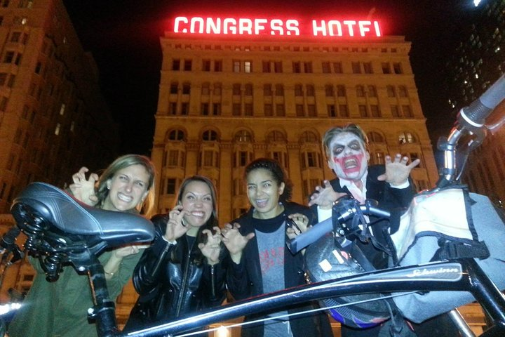 Experience the spooky side of Chicago with Bobby's Fright Hike as you pedal through ghostly tales and historic haunts making memories under the haunting glow of the Congress Plaza Hotel.
